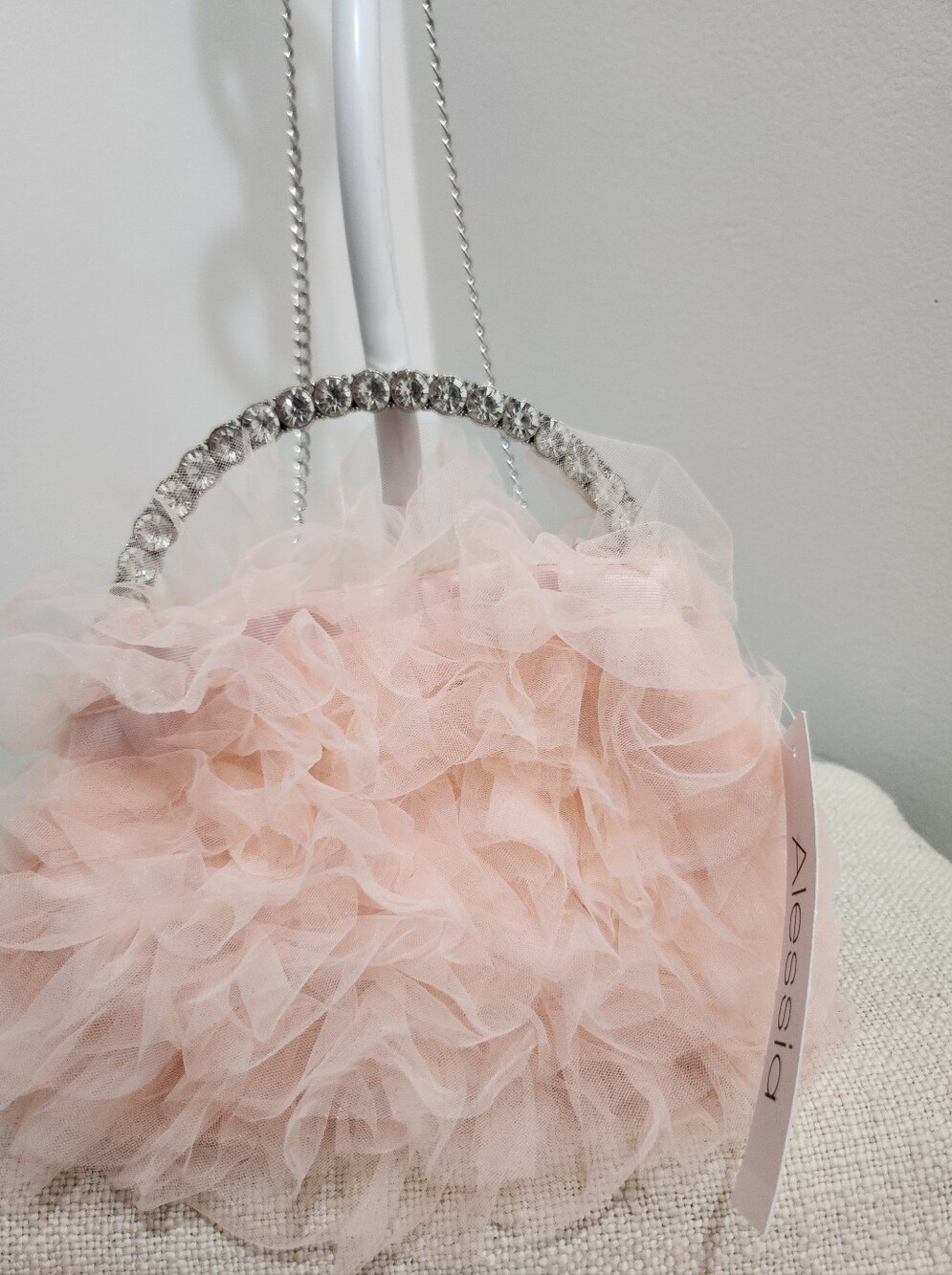 Alessi Blush Pink Ruffle Tulle Clutch with Crystal-Embellished Handle